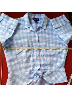 JONES NY Linen Pastel Powder💨Blue Buffalo Check Gingham Peplum Tie-Front👙Blouse